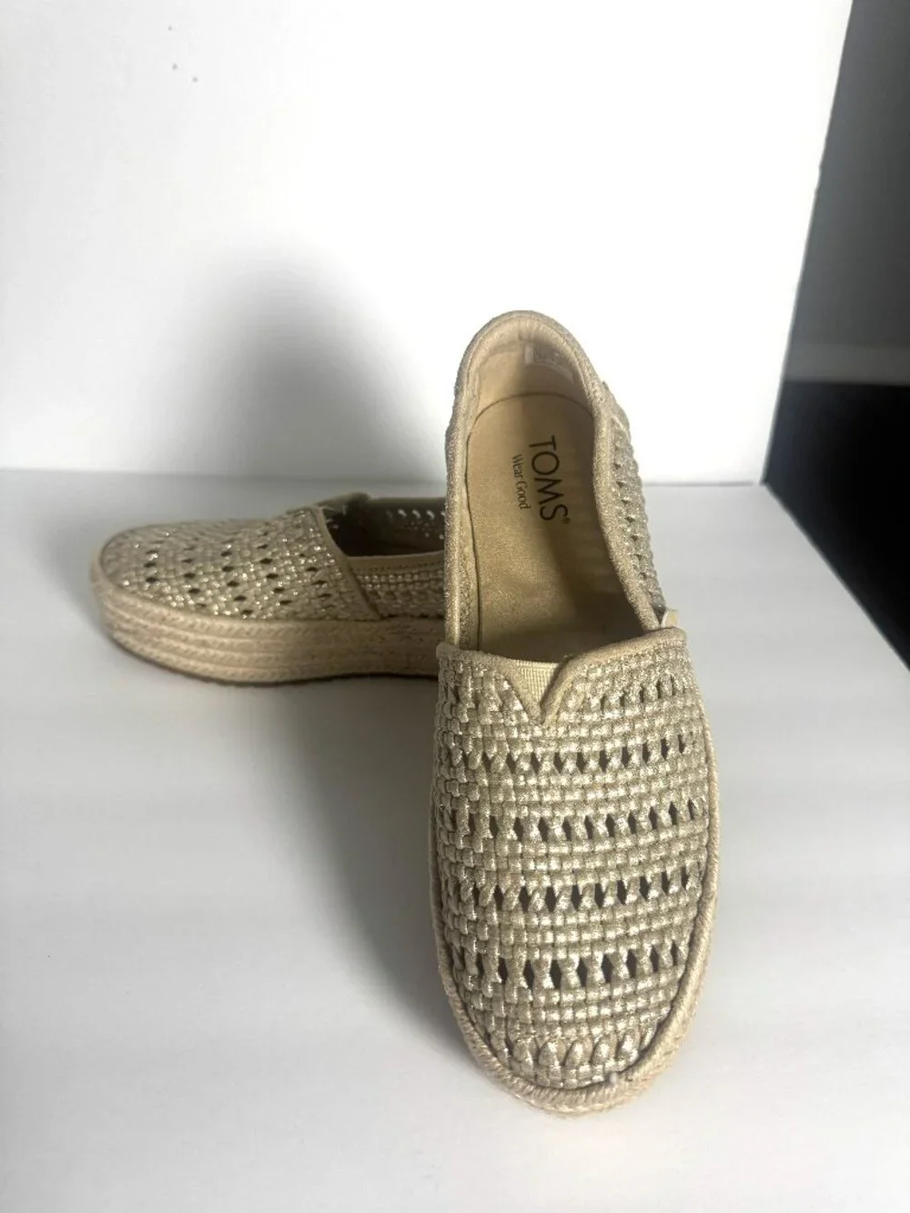TOMS Metallic Gold Woven Crochet Alpargata Rope Platform Espadrille Flats Siz7.5